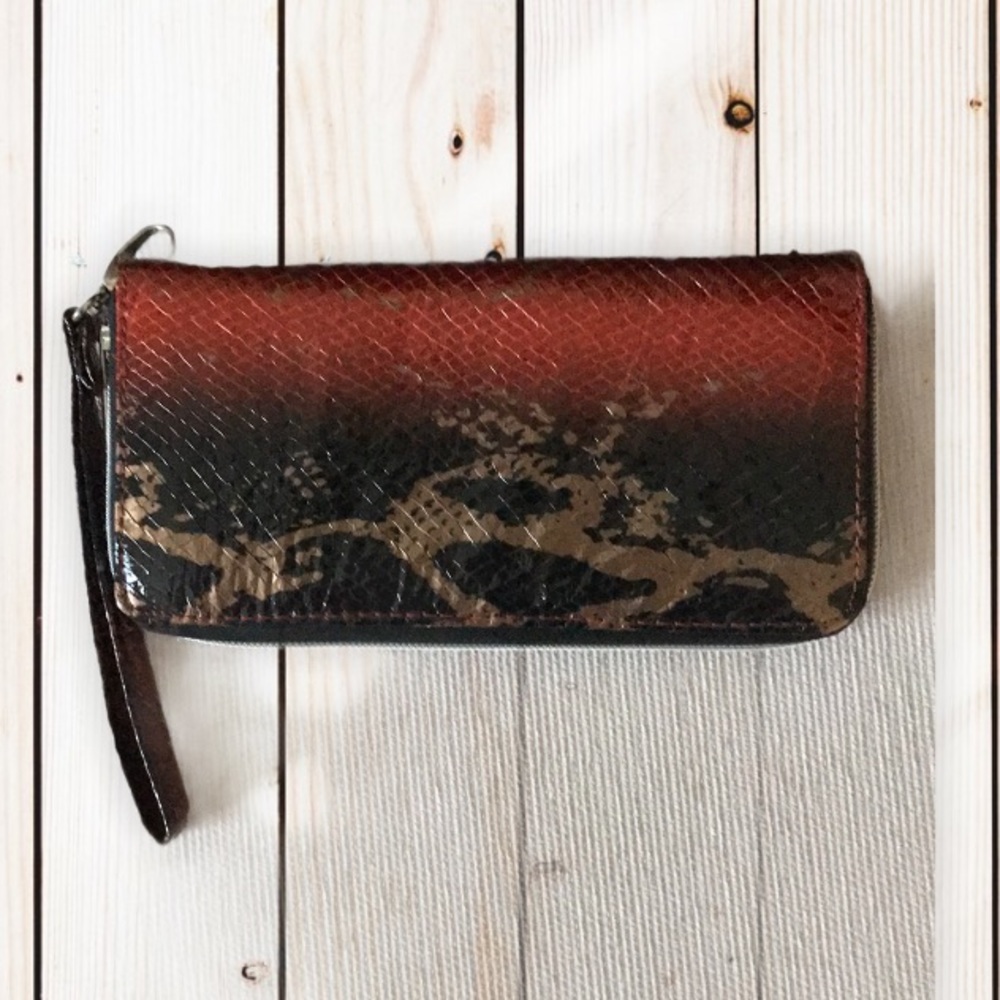 Wristlet wallet artificial snake print black rust and gold